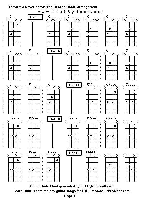 Chord Grids Chart of chord melody fingerstyle guitar song-Tomorrow Never Knows-The Beatles-BASIC Arrangement,generated by LickByNeck software.